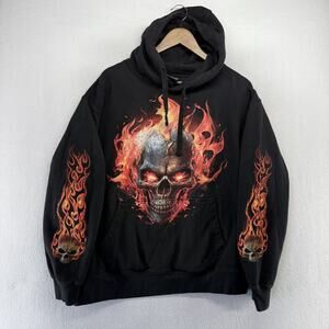 Vintage Spiral Direct Hoodie men's 2XL Black Skull Biker Flames Graphic Y2k